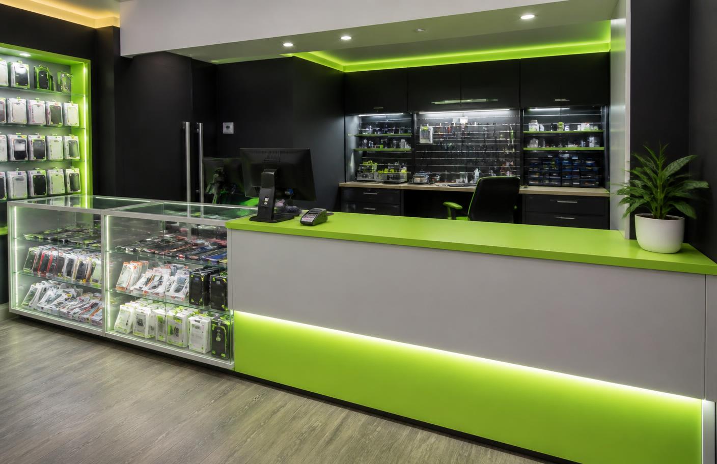 Repair shop counter with accessories display in Port Charlotte