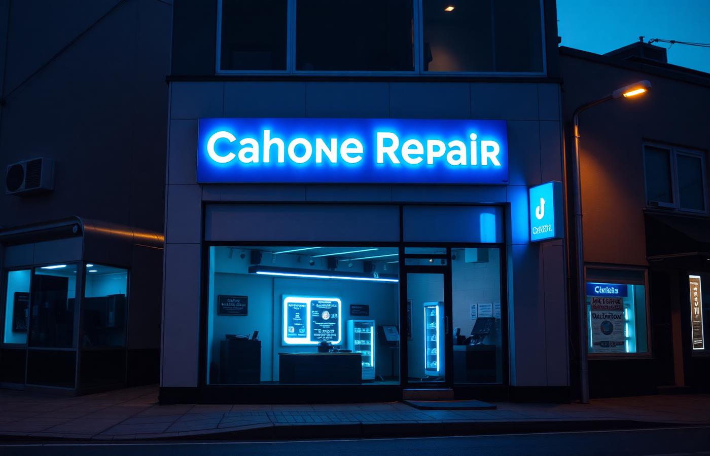 Gadgets Plus storefront at dusk
