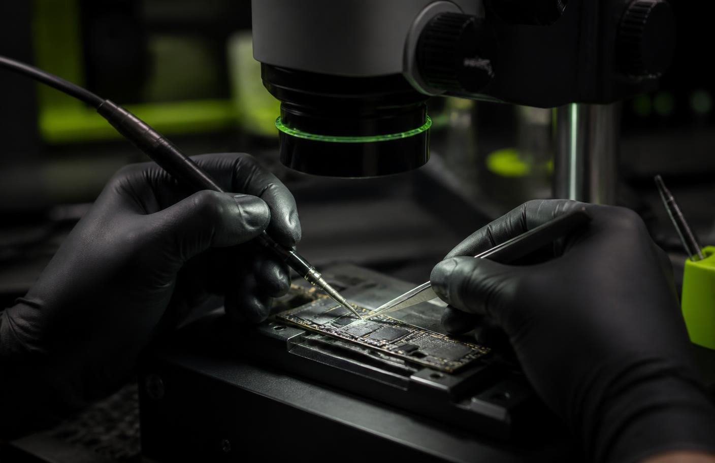 Technician micro-soldering a phone logic board under a microscope